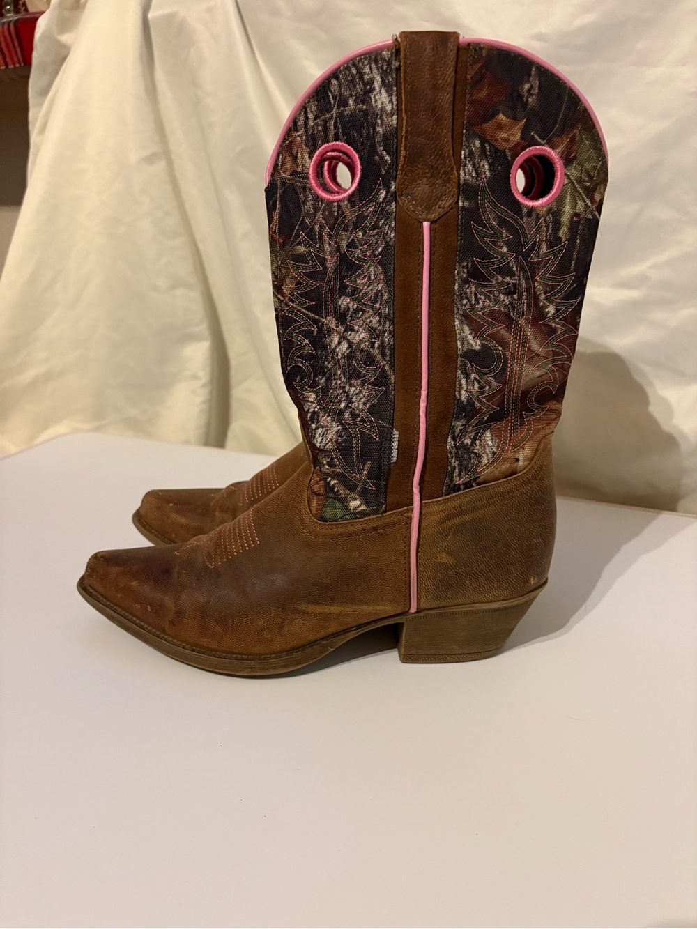 John Deere Brown Leather Western Booties with Pink Trim and Camo Shaft